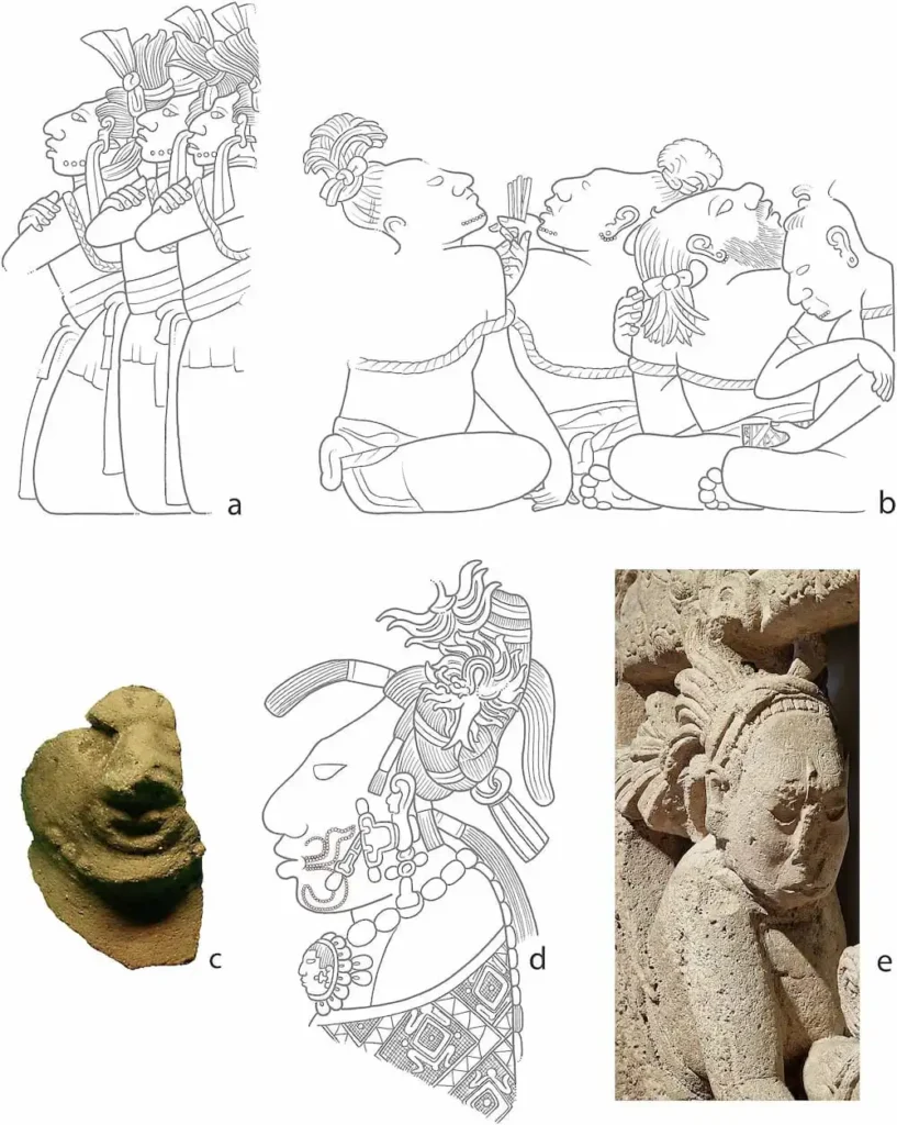 Exemplos de tatuagens e escarificação na arte maia. Detalhes de: a) Estela 11 em Yaxchilán, México, mostrando cativos ajoelhados com tatuagens ou escarificações ao longo da mandíbula; b) Estela 12 em Piedras Negras, Guatemala; c) uma estatueta do sítio de Pook’s Hill, Belize (Ocarina 79); d) Viga 26 de Yaxchilán; e) hieróglifos tatuados na testa de figuras no trono da região do Usumacinta. Crédito: C. Helmke