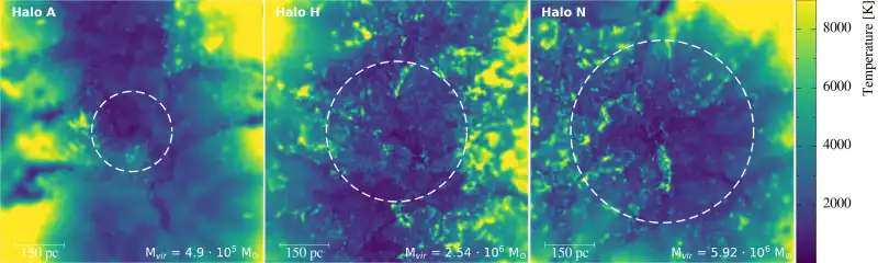 Gas temperatures in halos A, H, and N at the end of the simulations. The dashed white circles indicate the virial sphere of the halo. Most of the cold gas accumulated in the centers of the halos due to the efficient cooling of molecular hydrogen. Cold gas can cool to temperatures of a few hundred kelvin, corresponding to high-density regions.