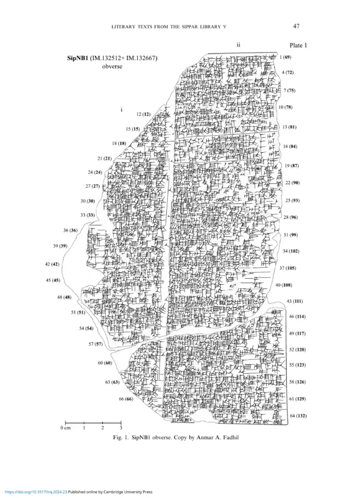 Fragment of Tablet SipNB1 (Sippar Library), with lines 10–68 of the hymn. The two-column format, with metric markings, indicates educational use and editorial care on the part of the Neo-Babylonian scribes. Image reproduced from the article by Fadhil and Jiménez (2025).