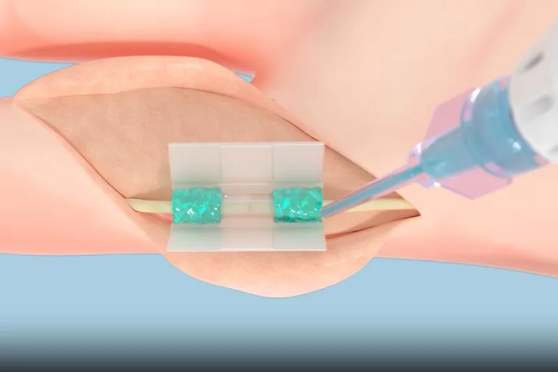 Tissium’s platform consists of biocompatible polymers (the blue, gel-like substance in this rendering) that conform to tissues and a 3D-printed chamber (clear tube at center).