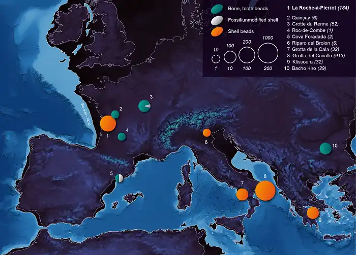 Map of Europe illustrating the categories of raw materials used for personal ornaments from pre-Aurignacian Upper Palaeolithic archaeological contexts. Note the regional peculiarity of La Roche-à-Pierrot, Saint-Césaire, where shells were used to make jewellery. © Archéosphère