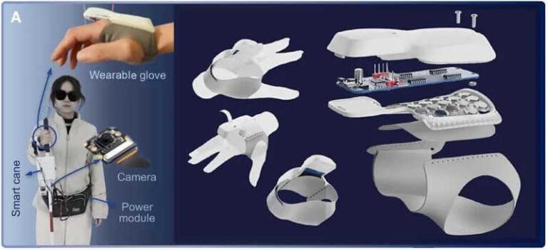 Left: image of a user wearing the WanderPal, showing its components. Right: close-up view of the wearable glove.