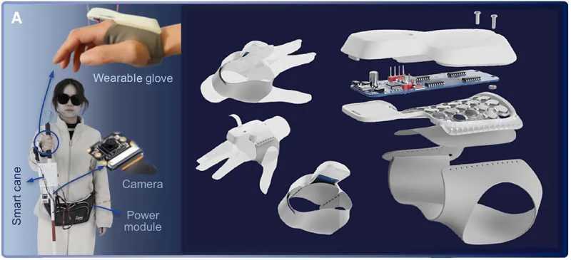 Left: image of a user wearing the WanderPal, showing its components. Right: close-up view of the wearable glove.