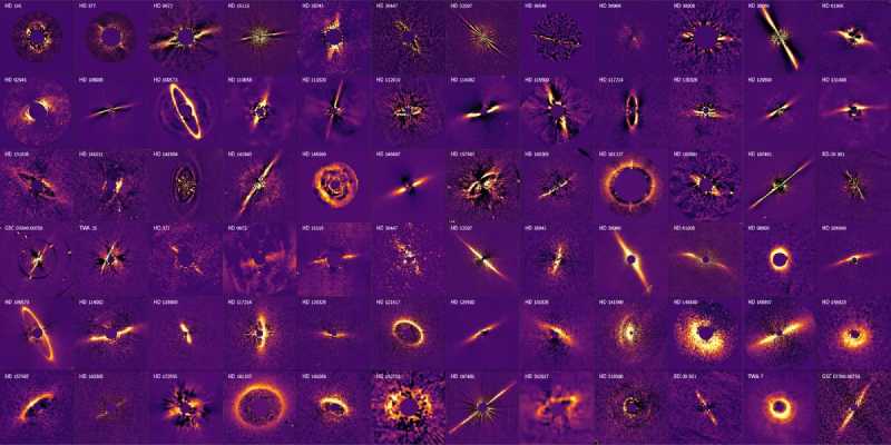 SPHERE debris disk gallery, visible through the starlight they reflect, with the central star blocked. © N. Engler et al./SPHERE Consortium/ESO