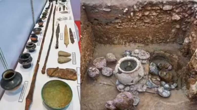 A lança de ferro mais longa, juntamente com implementos de ferro, cerâmicas e outros objetos encontrados em Thirumalapuram, perto de Tenkasi; e (à direita) urnas funerárias encontradas no local.