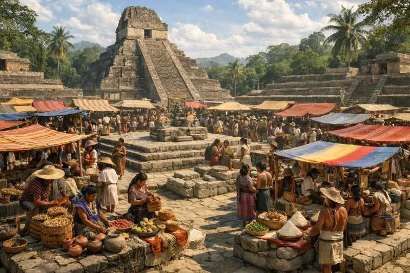 Artistic rendering depicting possible ancient Maya marketplace complexes in the lowlands.