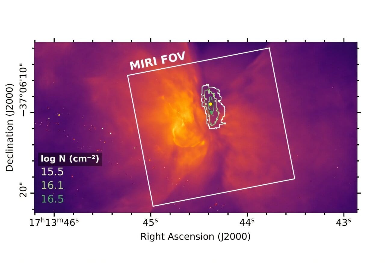 Localização do gelo de dióxido de carbono em NGC 6302. A imagem mostra observações do Hubble Space Telescope (HST) com o instrumento WFC3 utilizando o filtro F656N, que rastreia a emissão hidrogênio-alfa. O mosaico MIRI do James Webb Space Telescope (JWST) é indicado pela moldura branca. Os contornos mostram a densidade de coluna de dióxido de carbono em fase gasosa, com os valores correspondentes de log N (cm⁻²) apresentados no canto inferior esquerdo. Crédito: arXiv (2026). DOI: 10.48550/arxiv.2602.22366.