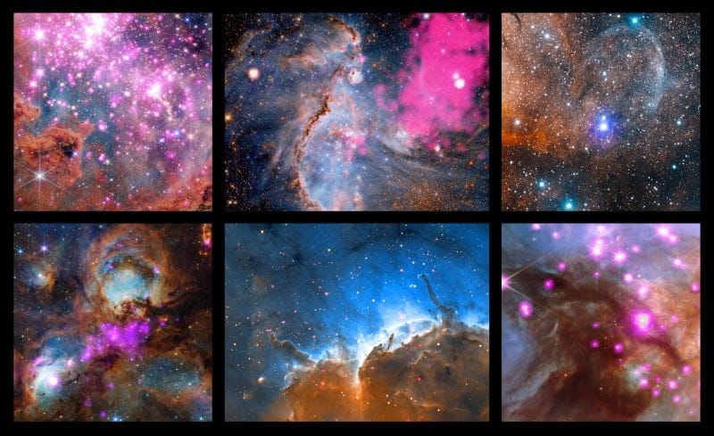 Esta coleção de imagens do Chandra e de outros telescópios apresenta regiões onde estrelas estão se formando, áreas frequentemente apelidadas de “berçários estelares”. Crédito: NASA/CXC/SAO e outros telescópios