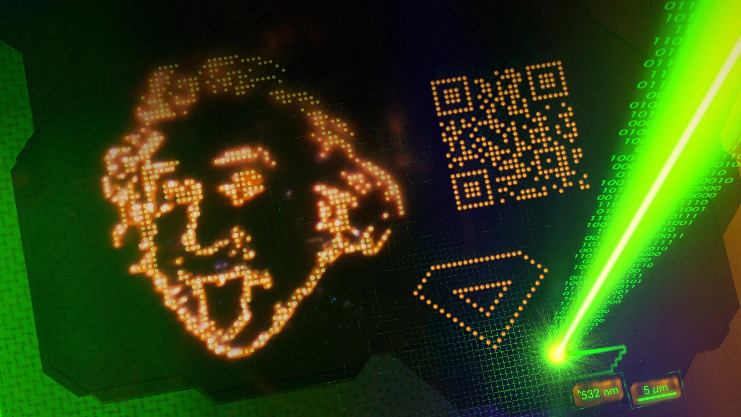 Um laser contínuo de 532 nm “esculpiu” padrões microscópicos em uma lâmina de As₂S₃, incluindo um retrato monocromático de Albert Einstein (com espaçamento de pontos de 700 nm) e um design semelhante a um código QR (com espaçamento de pontos de 600 nm). Crédito: XPANCEO