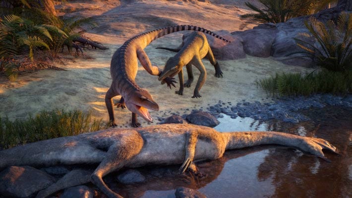 Eosphorosuchus lacrimosa (à esquerda) é perturbado por Hesperosuchus agilis (à direita) próximo a uma carcaça de Coelophysis, no que viria a se tornar o atual Ghost Ranch, Novo México, Estados Unidos. Crédito da imagem: Julio Lacerda.