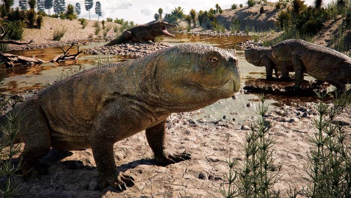 Representação artística de uma paisagem do Triássico Superior do sul do Brasil, mostrando indivíduos de Isodapedon varzealis em primeiro plano e um proterochampside ao fundo. Crédito da imagem: Caio Fantini.