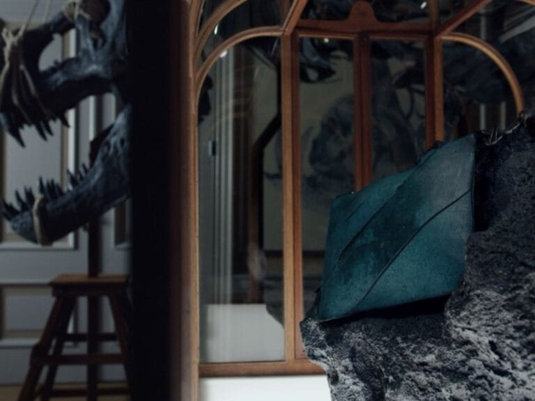 Bolsa feita com colágeno de dinossauro é exposta em museu de Amsterdã, na Holanda — Foto: Reprodução/Art Zoo Museum