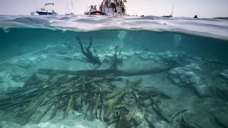 Uma fotografia do processo de escavação. Os troncos e as ânforas em primeiro plano faziam parte da carga do navio. (Adriboats © L. Damelet, CNRS/CCJ)