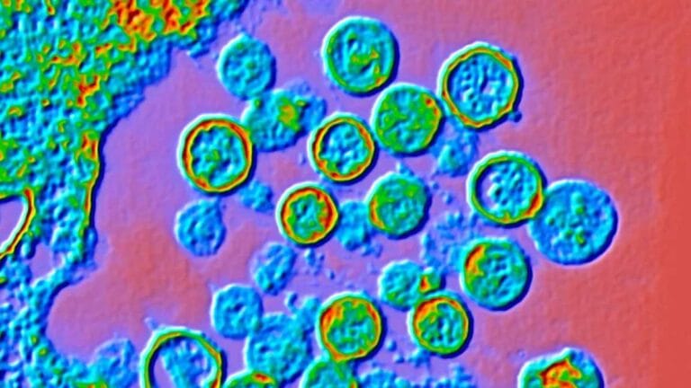 Colour enhanced transmission electron micrograph of Hantavirus particles