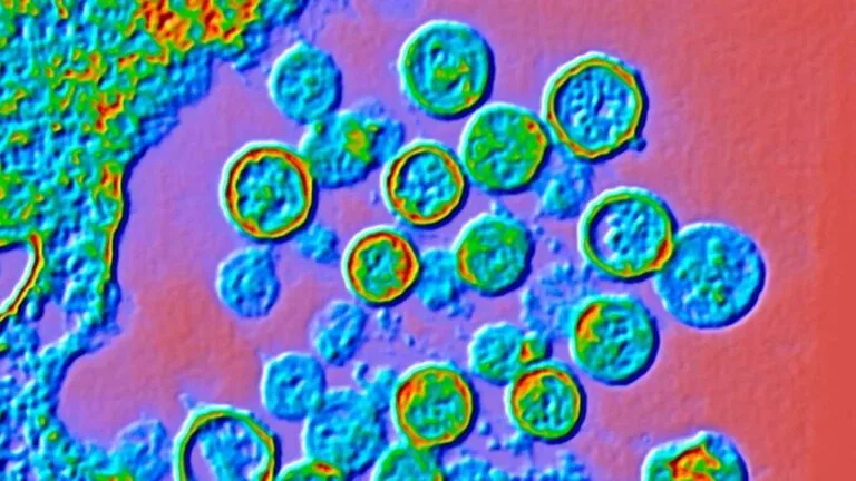 Colour enhanced transmission electron micrograph of Hantavirus particles