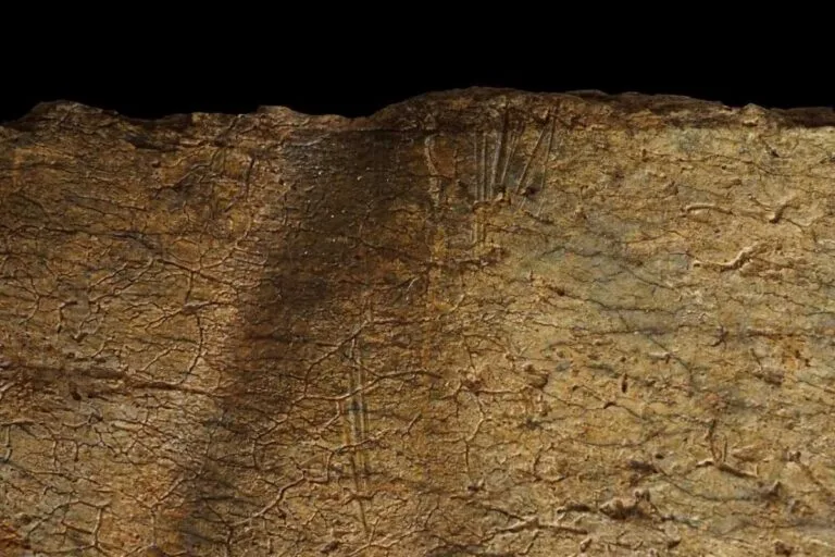 Close-up of cut marks on a fossil bone, produced by stone tools during butchering. Credit: Sharon Kuo.