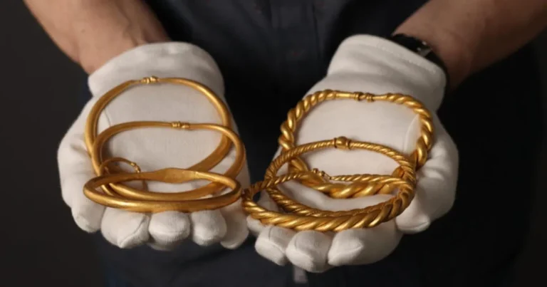 Os seis braceletes de ouro encontrados em Rold, a terceira maior descoberta de ouro da Era Viking na Dinamarca. Fonte: Museus do Norte da Jutlândia.