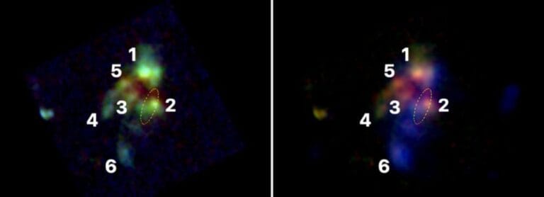 JWST observa fusão de seis galáxias em protocluster