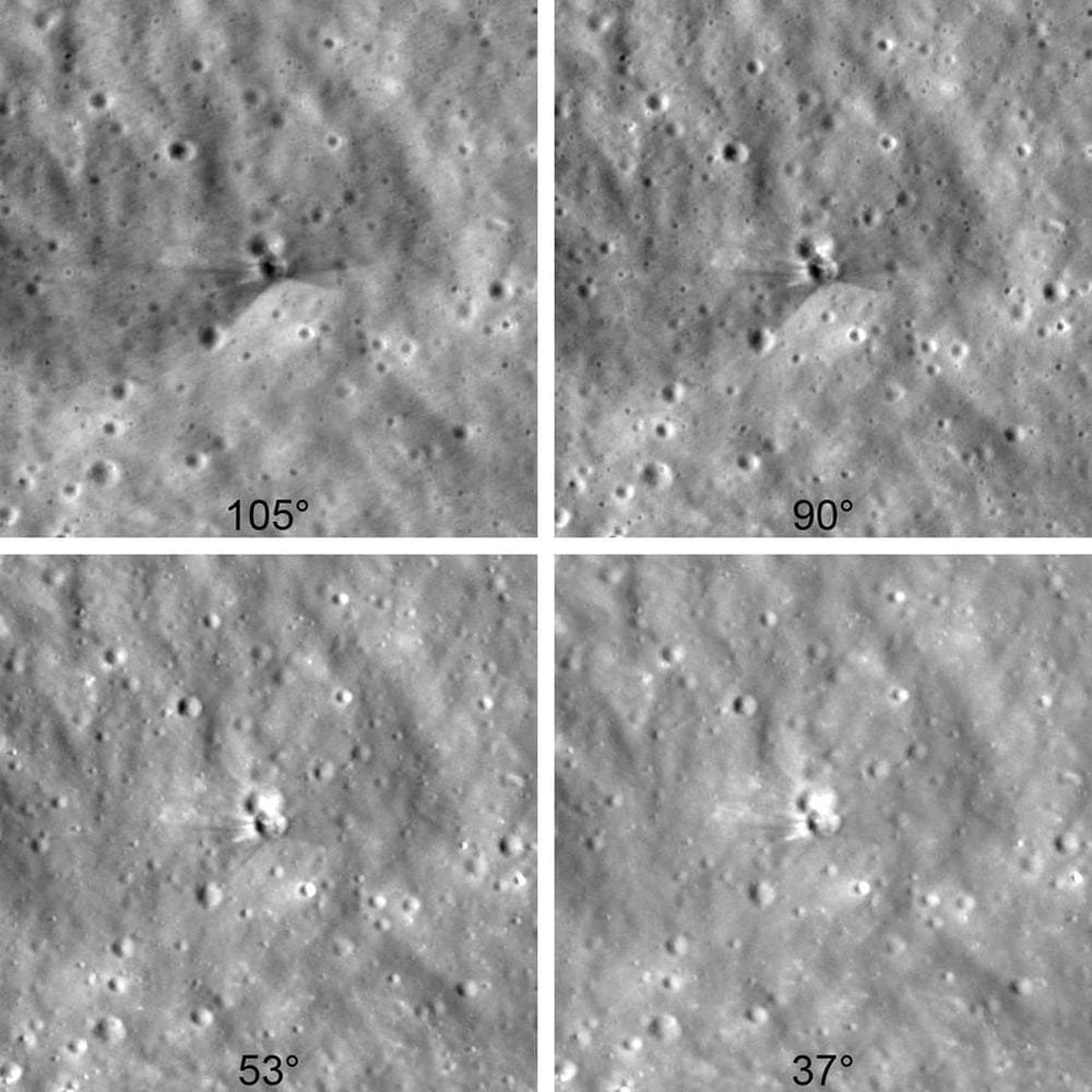 These four images were each captured from a different angle, and the sunlight angle is different, too. The different angles highlight different features. The white rays and splotches are ejecta from the impact, made of fresh material excavated by the impact, while the surrounding material is darker due to space weather and micrometeorite impacts. Each image is enlarged by two times and each one covers an area about 300 meters wide. Image Credit: NASA Goddard/Intuitive Machines