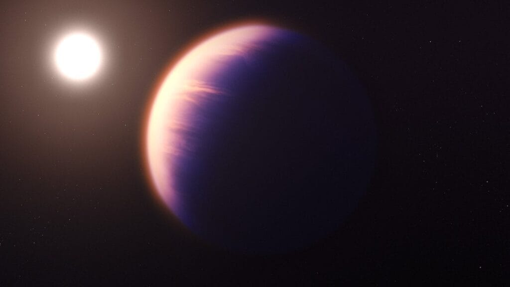 WASP-39 b, as an artist imagines it.  A Saturn mass world orbiting a Sun like star 700 light years away, with an atmosphere Webb has already read in detail. The hard part is doing the same for something the size and temperature of home (Credit: NASA, ESA, CSA, Joseph Olmsted (STScI))