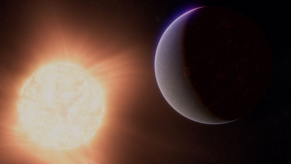 This artist's illustration shows the rocky super-Earth Cancri 55e. It's so close to its star that it's a lava world, or magma ocean. But observations show it has an atmosphere, surprising exoplanet scientist and calling our theories of atmospheric escape. Image Credit: Illustration NASA, ESA, CSA, Ralf Crawford (STScI) - Super-Earth Exoplanet 55 Cancri e (Artist’s Concept), Public Domain, https://commons.wikimedia.org/w/index.php?curid=148198921