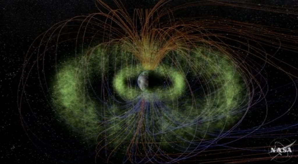 A visualisation of Earth's magnetic field lines and the Van Allen radiation belts they contain, the shielding that normally protects aircraft, and which thins out dramatically on polar routes like London to Vancouver (Credit : NASA)