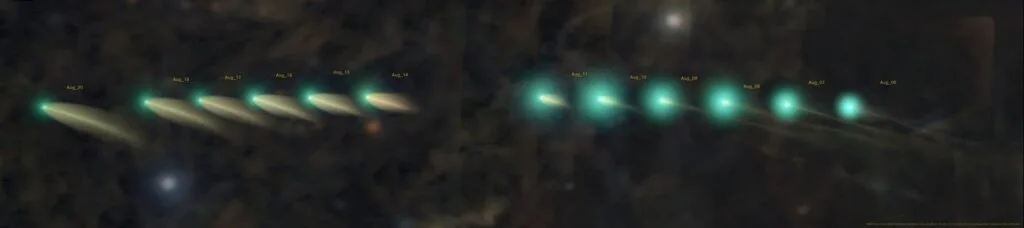 An ongoing montage of comet 220P through August 2026. Credit: Dan Bartlett.