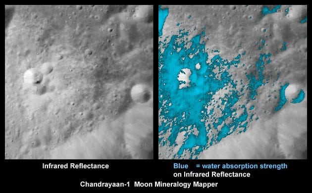 These images show a very young lunar crater on the side of the moon that faces away from Earth, as viewed by NASA's Moon Mineralogy Mapper on the Indian Space Research Organization's Chandrayaan-1 spacecraft. On the left is an image showing brightness at shorter infrared wavelengths. On the right, the distribution of water-rich minerals (light blue) is shown around a small crater. Both water- and hydroxyl-rich materials were found to be associated with material ejected from the crater. Credits ISRO/NASA/JPL-Caltech/USGS/Brown Univ.