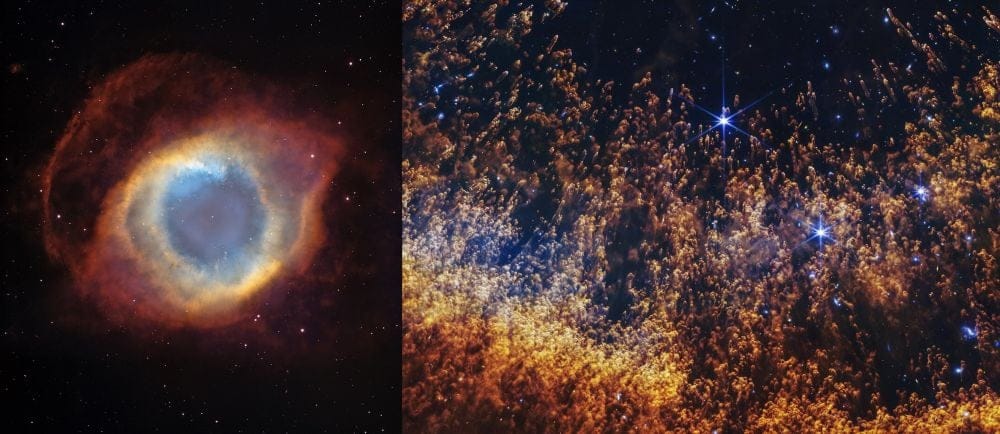 Two views of the Helix Nebula. The Hubble captured the image on the right in 2004, highlighting the delicate appearance of the nebula, with its filaments and gentle transitions. The JWST captured the image of the Helix Nebula on the right, showing a new level of detail. Image Credit: Left: Public Domain, https://commons.wikimedia.org/w/index.php?curid=1721117. Right: NASA, ESA, CSA, STScI, A. Pagan (STScI)
