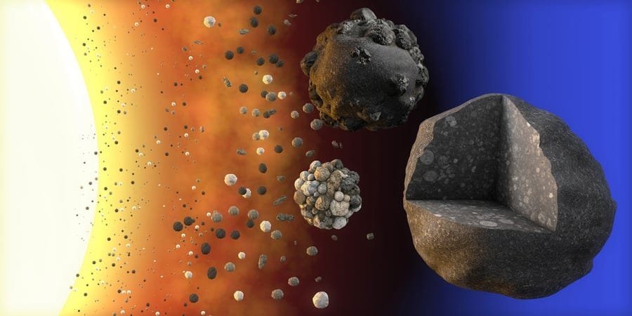 Bits of dust in the protosolar nebula eventually coalesced to form larger asteroids and meteoroids. As they did, they received an imprint from the magnetic field generated by the motions of charged materials in the cloud. Credit: MIT/Hernán Cañellas