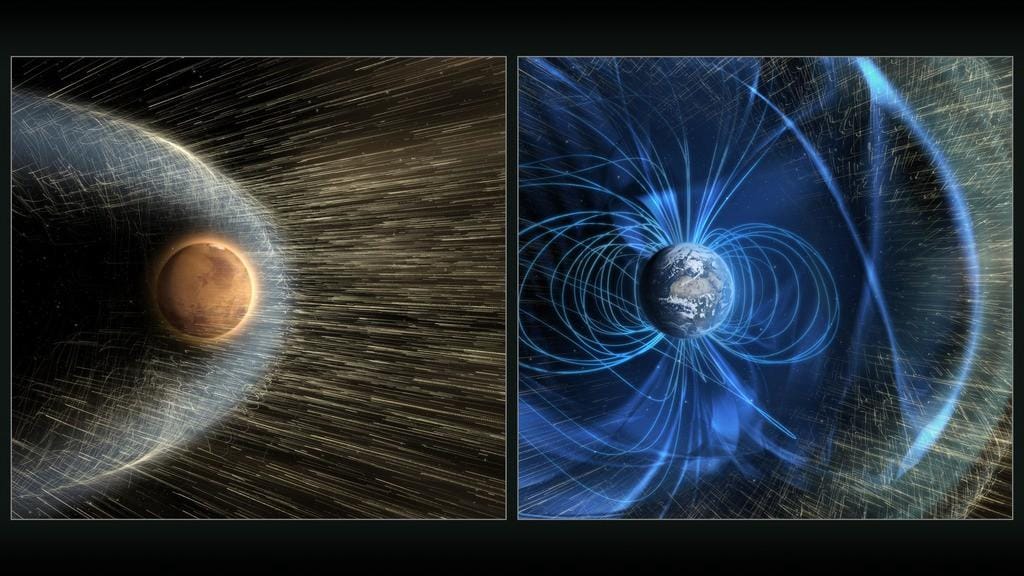 Mars, the red planet, has no magnetic field to protect it from the solar wind, meaning it loses its atmosphere in a way that Earth doesn't. Image credit: NASA/GSFC.