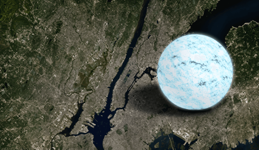 A neutron star crushes around half a million Earth masses into a sphere roughly the width of Manhattan. In Tan and Wang's solution, one of these sits intact inside an event horizon; surface at 8.5 kilometres, horizon beginning at 10 (Credit : NASA's Goddard Space Flight Center)