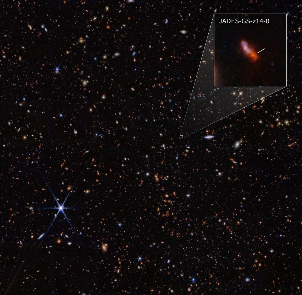 JADES-GS-z14-0 is one of the JWST's early galaxies that is much more massive than we thought galaxies could be so soon in the Universe's history. The JWST observed the galaxy only about 300 million years after the Big Bang, when it was already massive and luminous. While the JWST's observations of early galaxies is perplexing, the new mass measurements mean they're even more massive than we thought. Image Credit: NASA, ESA, CSA, STScI, B. Robertson (UC Santa Cruz), B. Johnson (CfA), S. Tacchella (Cambridge), P. Cargile (CfA)