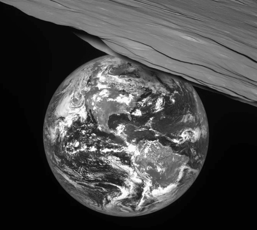 The Moon's shadow (on the Earth's upper right) skims our home world during the August 12th total solar eclipse, as seen by Danuri. Credit: KARI.