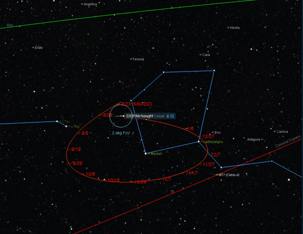 The path of Comet 220P through Cetus in the last half of 2026. Credit: Starry Night.