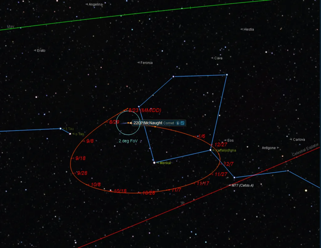 The path of Comet 220P through Cetus in the last half of 2026. Credit: Starry Night.