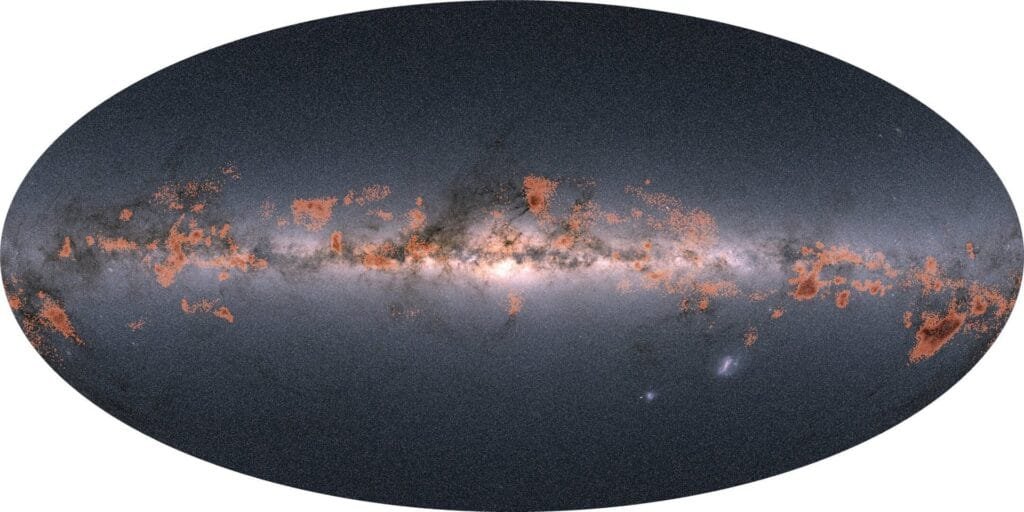 This image shows a view of stellar ‘families’ – clusters and co-moving groups of stars in the Milky Way – identified using data from the second data release of ESA’s Gaia mission. Families younger than 30 million years are highlighted in orange, on top of an all-sky view based on Gaia observations. Cluster observations are helping astronomers fine-tune a tool called the "initial mass function" used to estimate the numbers of stars in galaxies and clusters. Credit ESA.
