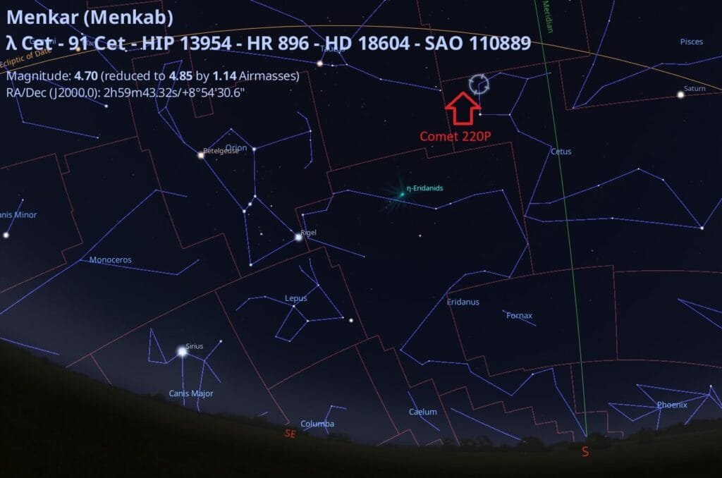 The location of Comet 220P/McNaught, about an hour prior to local sunrise in late August. Credit: Stellarium.