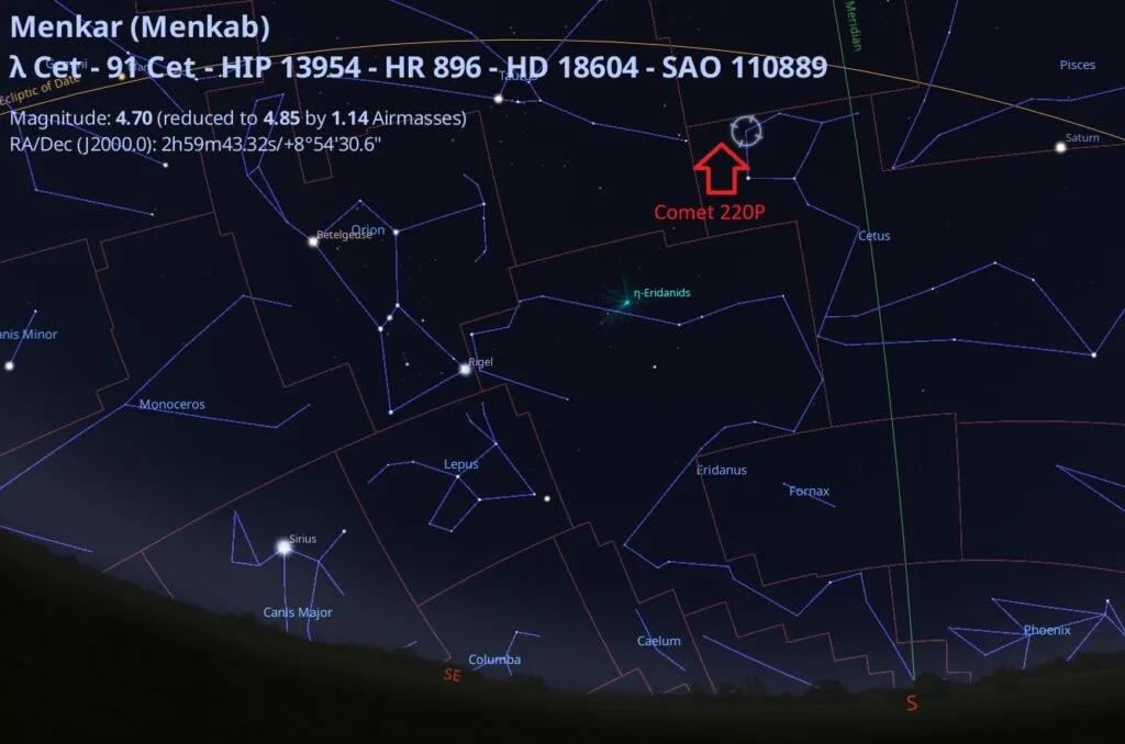 The location of Comet 220P/McNaught, about an hour prior to local sunrise in late August. Credit: Stellarium.