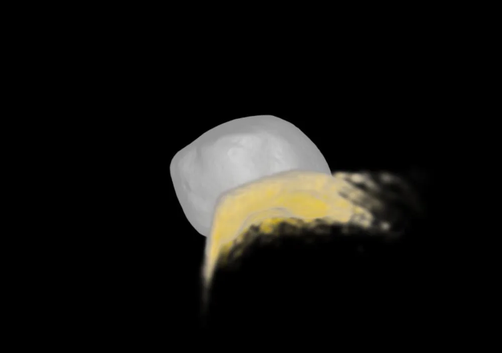 This is a screenshot from the simulations, showing the impactor striking Deimos and creating the south polar crater. The yellow is ejecta, most of which has fallen back to the moon's surface, blanketing it in regolith that's up to 200 meter deep in some places. Image Credit: S.D. Raducan. Licence: ESA Standard Licence