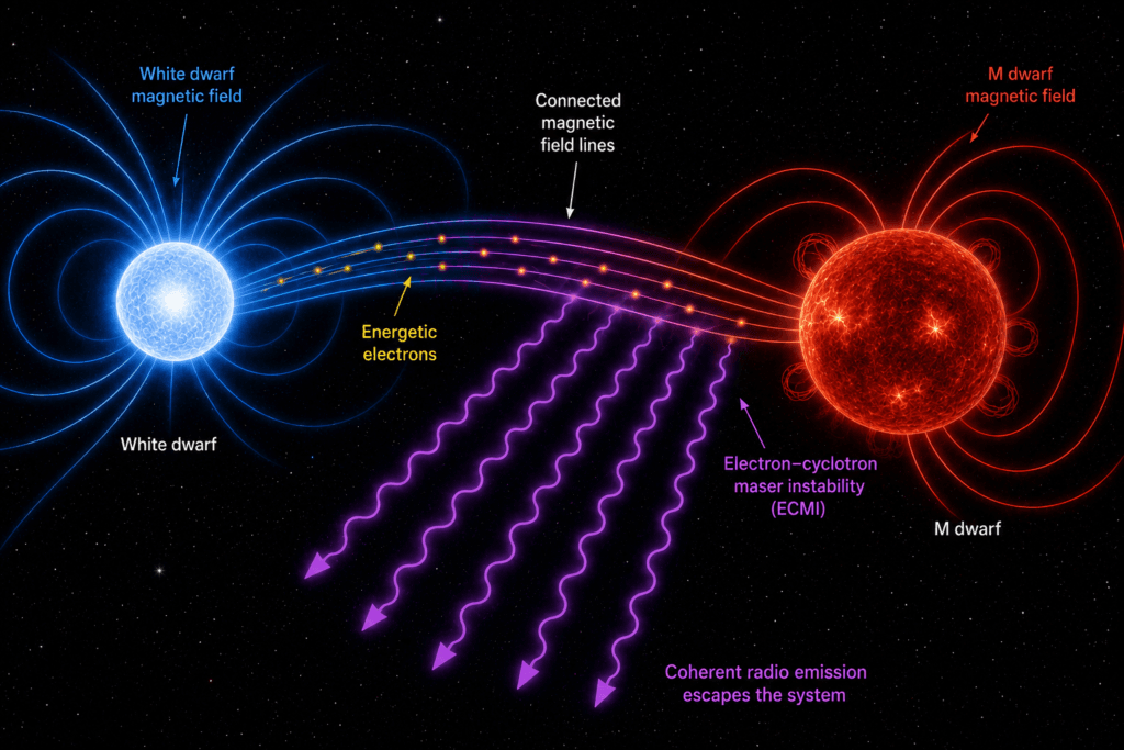 This artwork shows how white dwarf–M dwarf binary stars create radio emission. Credit: AI-generated artwork by Elias Most