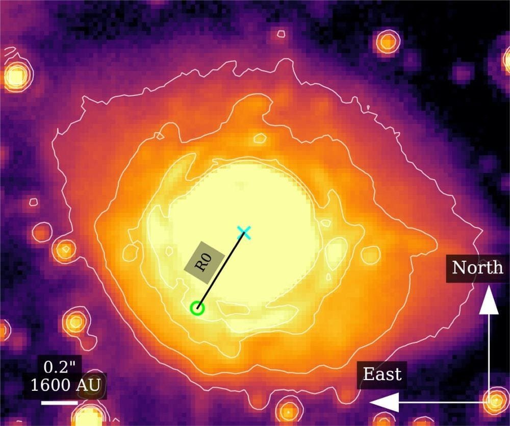 This image from the research shows the estimated stand-off distance between the IRS 3 and its bow shock. "The stand-off distance is a measure of the ambient ISM and the ram pressure of the star," the authors explain. Understanding this distance helps the researchers determine the star's mass loss rate. In this image, the green x marks the position of IRS 3 and the green circle marks the apex of the bow shock. Image Credit: Peißker et al. 2026. A&A.
