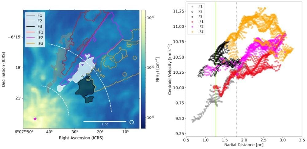 This figure from the study shows filaments (F) and interfilaments (IF) overlain on an H2 (molecular hydrogen, the main star-forming gas) column density map. "The filled contours indicate individual regions identified as C18O velocity-coherent structures tracing the Fs. The nonfilled contours correspond to the regions identified as 13CO velocity-coherent structures tracing the IFs," the authors write. A magenta star marks the location of IRS 1, an infrared source. The closest dotted white line marks the extent of the star forming hub, and the second dotted white line is the radial extent analyzed in this work. The green cross indicates a pre-stellar core. The three filaments and three interfilaments are also labelled. Image Credit: Hwang et al. 2026. ApJL.