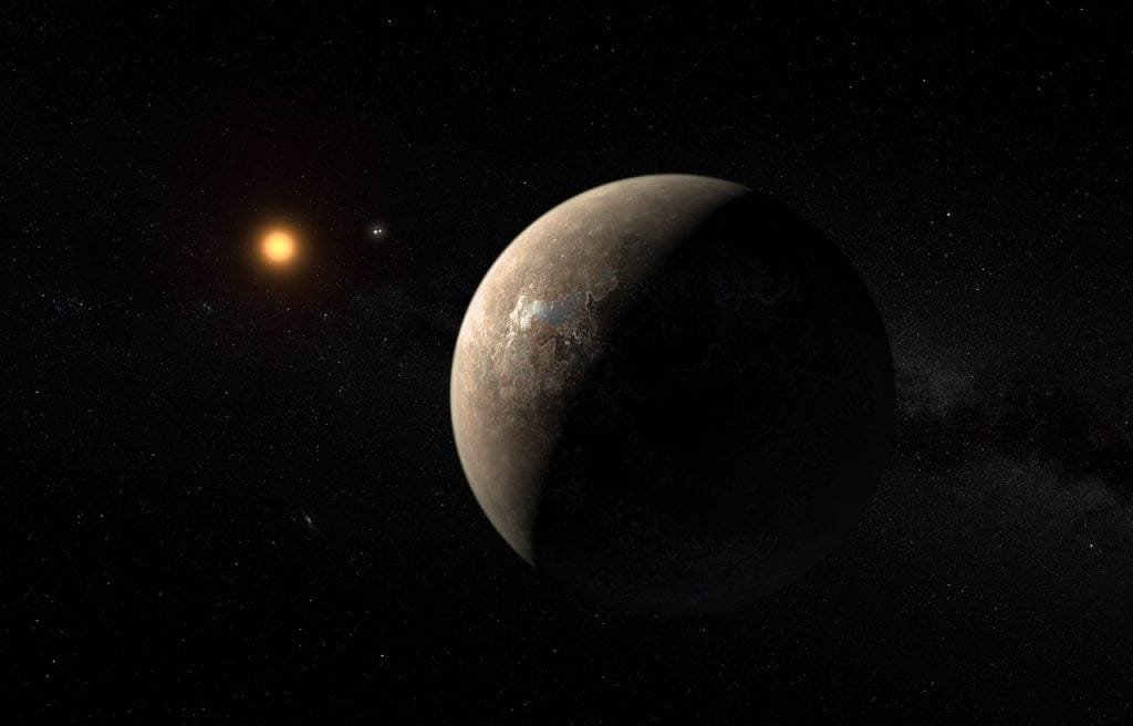This artist’s impression shows the planet Proxima b orbiting the red dwarf star Proxima Centauri, the closest star to our Solar System. Credit: ESO/M. Kornmesser.