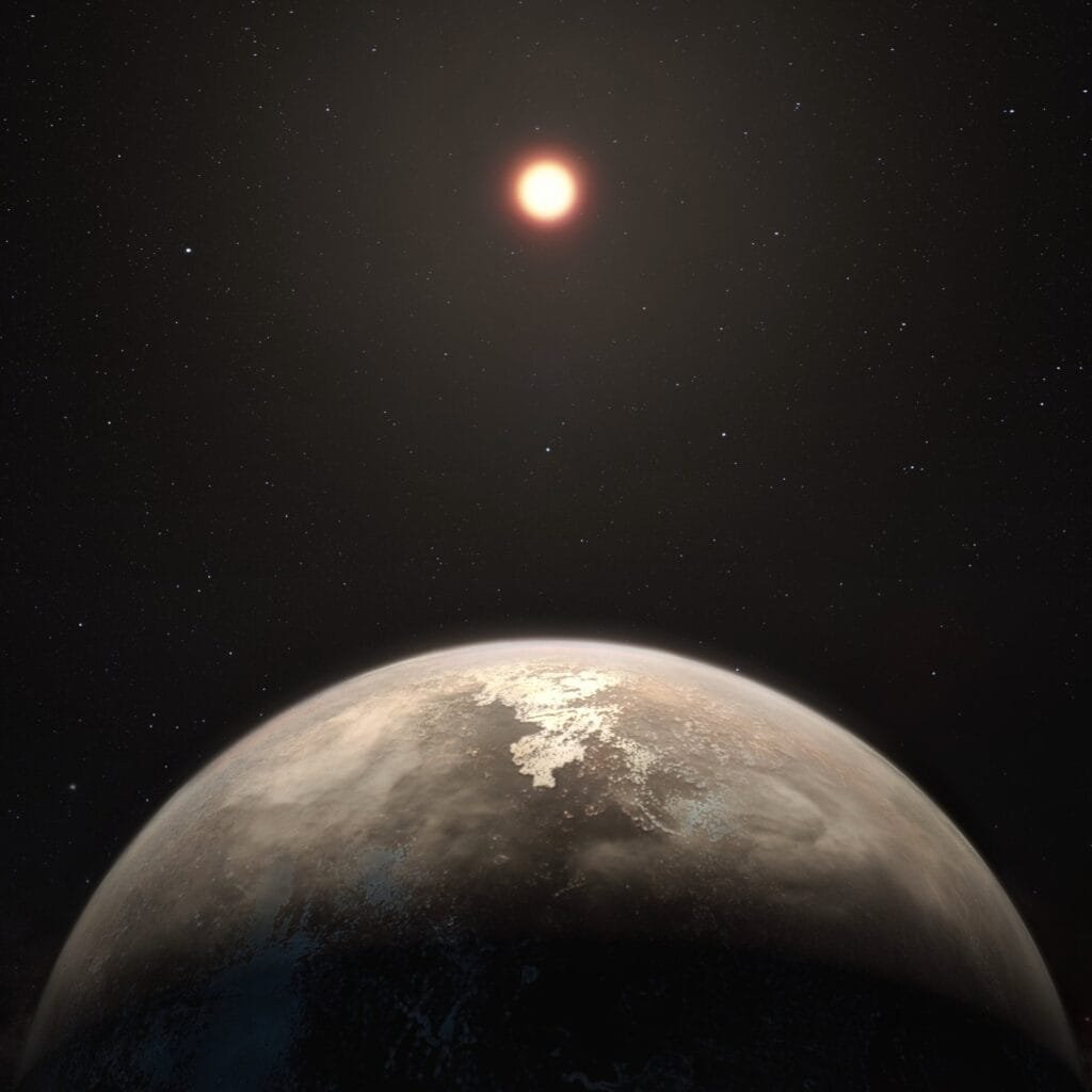 This artist’s impression shows the temperate planet Ross 128 b, with its red dwarf parent star in the background. This planet, which lies only 11 light-years from Earth, was found by a team using ESO’s unique planet-hunting HARPS instrument. Credit: ESO/M. Kornmesser