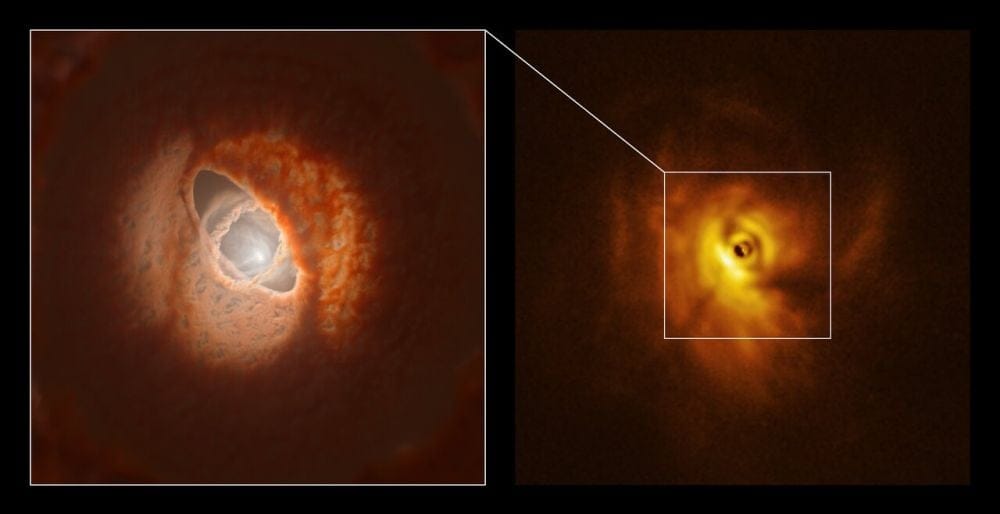The image on the right is from the SPHERE instrument on ESO’s Very Large Telescope and shows the ring around GW Orionis. The image on the left is an illustration of the same, based on the 3D reconstruction of the triple star system from the ESO image. The misalignment is obvious. Image Credit: ESO/L. Calçada, Exeter/Kraus et al.
