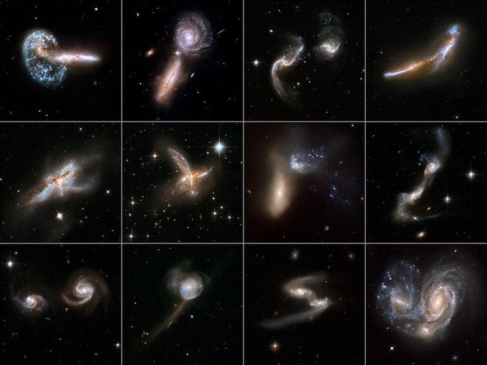 These images of galaxy mergers show the tell-tale streamers of gas and stars that come from mergers. Credit: NASA/ESA/Hubble