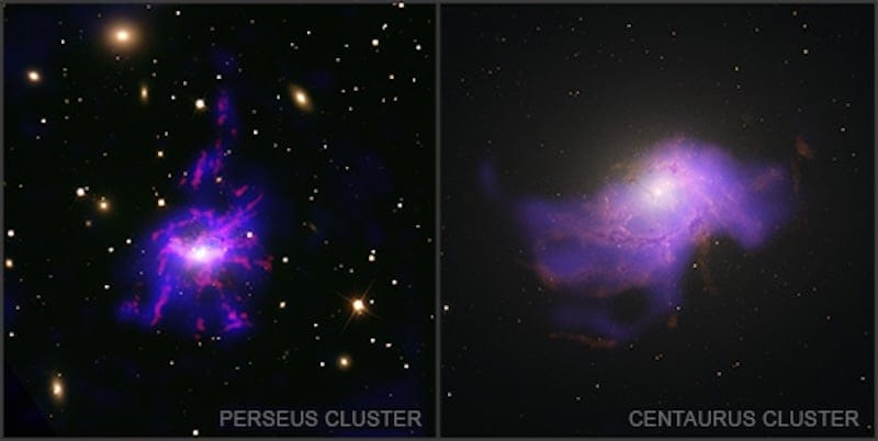 The Perseus cluster, one of the brightest X-ray objects in the sky. The diffuse glow is gas hot enough to shine in X-rays, and it holds more mass than all the cluster's stars together (Credit : X-ray: NASA/CXC/SAO/V. Olivares et al.; Optical/IR: DSS; H-alpha: CFHT/SITELLE; Image Processing: NASA/CXC/SAO/N. Wolk)