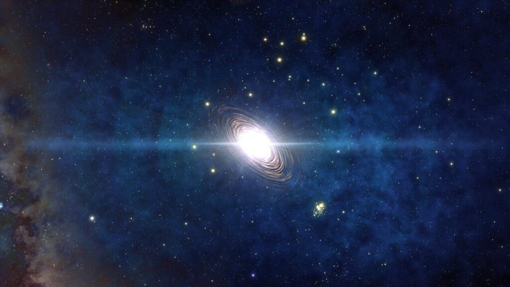 An artist's impression of a first generation star ending as a pair instability supernova, an explosion violent enough to leave nothing behind, scattering more than a hundred solar masses of carbon, oxygen and iron into space (Credit : NOIRLab/NSF/AURA/J. da Silva)