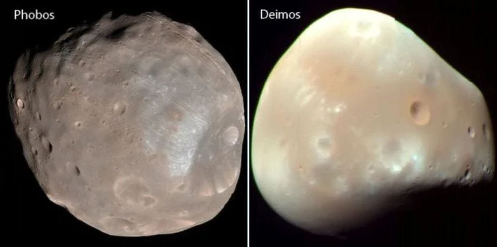 The cratered surface of phobos (Left) compared to the smooth surface of Deimos (right). Hera showed us that while Deimos appears smooth, it's actually cratered, but many of its craters are underneath a layer of regolith. Image Credit: NASA/JPL/MRO